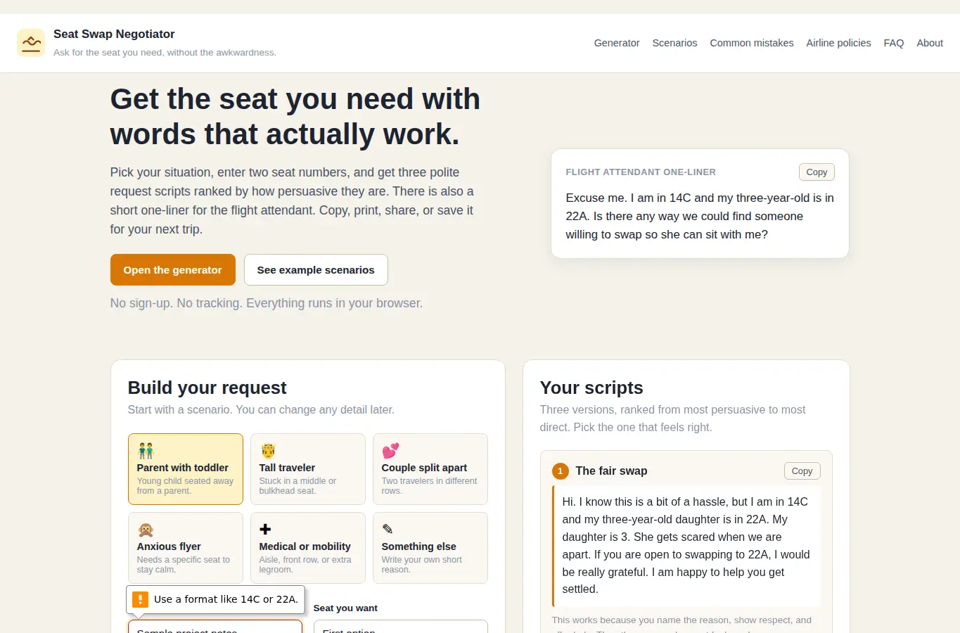Screenshot of Seat Swap Negotiator interface showing the project page in use